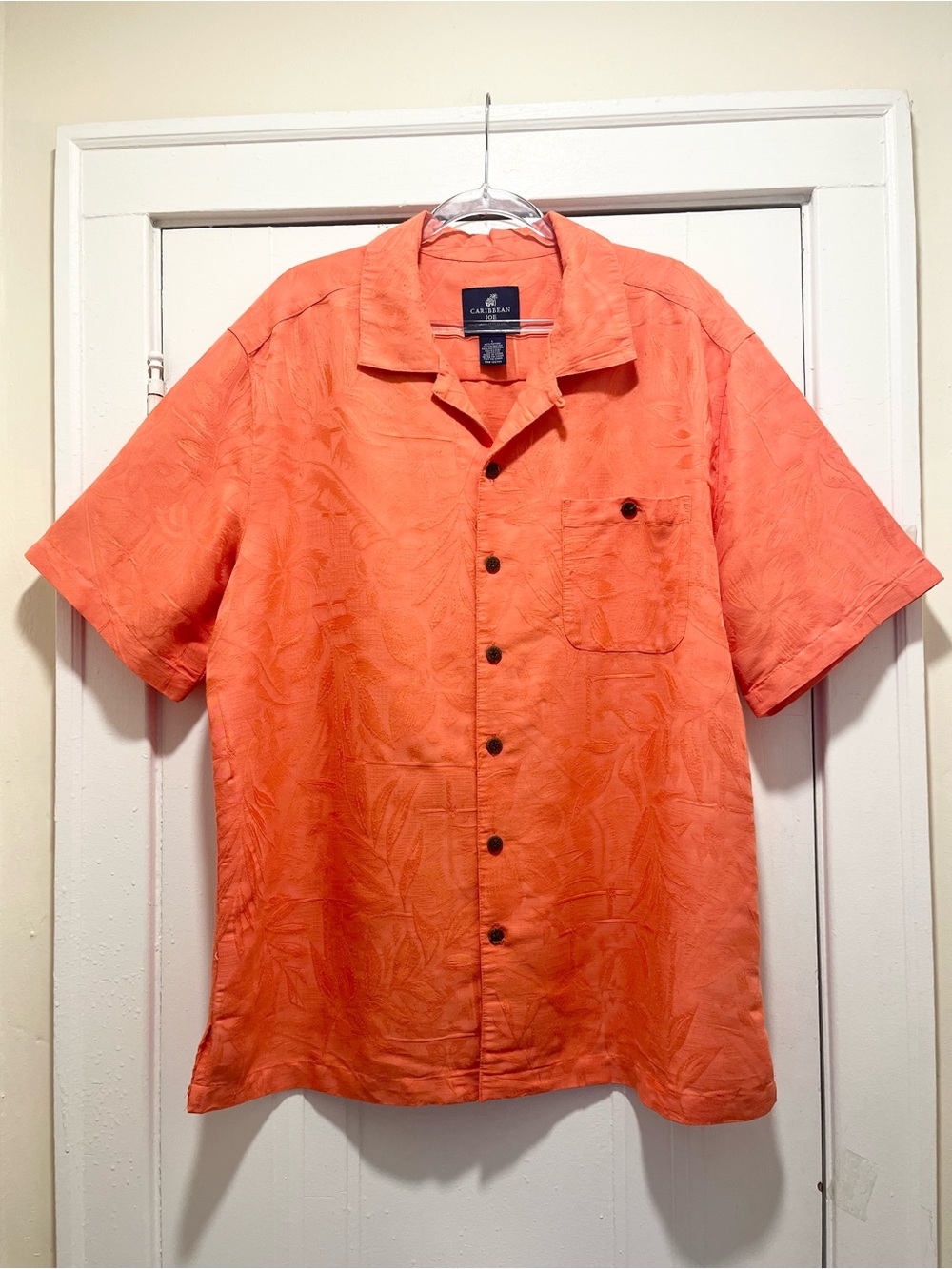 Caribbean Joe Orange Hawaiian Tropical SS GHOST PRINT Collared Men's L Dadcore